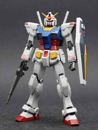 A completed custom painted Gundam model kit with clean panel lines, shot against a neutral dark slate background, sharp studio lighting, macro lens