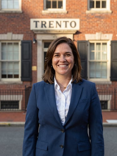 A warm portrait of a friendly local real estate agent standing in front of a historic brick building in Trenton, natural morning light, 35mm