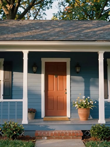 A warm eye-level portrait-aspect shot of a welcoming front porch in Hamilton, NJ, soft natural morning light filtering through trees, 35mm editorial photography