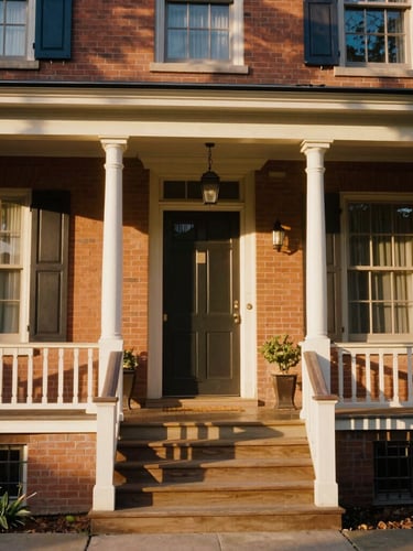 An eye-level, inviting wide shot of a welcoming front porch of a historic Trenton brick row house, warm golden hour sunlight streaming across the wooden steps, 35mm