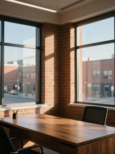 A bright, modern Hamilton office interior with large windows, warm brick walls, a wooden desk, and soft morning sunlight streaming in, 35mm editorial photography.