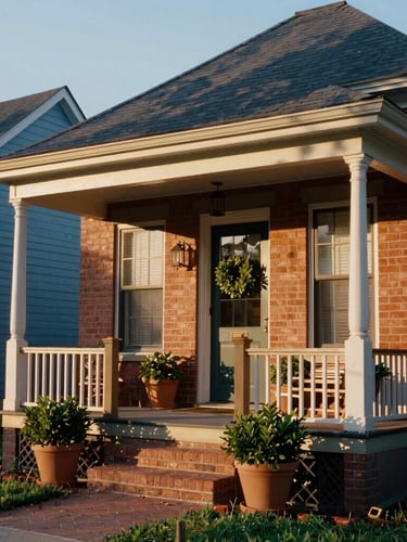 Warm golden hour sunlight illuminating the brick front porch of a historic Trenton home, green potted plants, welcoming neighborhood streetscape, 35mm