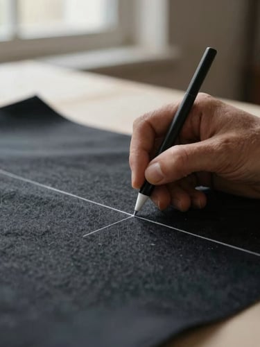 Macro close-up of a master tailor's hands using white chalk to draft a pattern on heavy charcoal wool, soft directional window light, shallow depth of field.