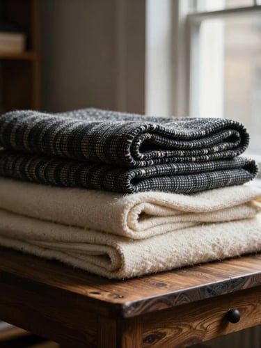 Stacked rolls of premium vintage tweed and heavy wool on a dark oak table in a quiet, moody London workshop, soft window light