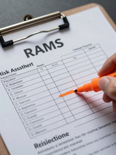 Tight macro shot of a site-specific RAMS document on a weathered clipboard, crisp industrial overcast light, high-contrast, safety-orange marker highlighting a risk assessment matrix.