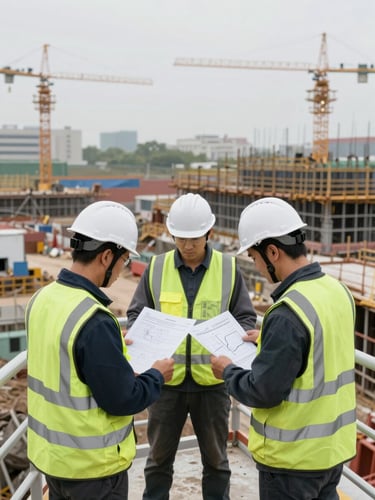Medium-wide environmental shot of an orderly industrial construction site, workers in high-visibility vests and protective helmets reviewing technical schematics on a secure platform under neutral overcast daylight.