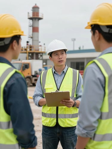 Medium shot of a site supervisor in clean high-visibility gear holding a clipboard, briefing two workers on an active industrial site under overcast daylight.