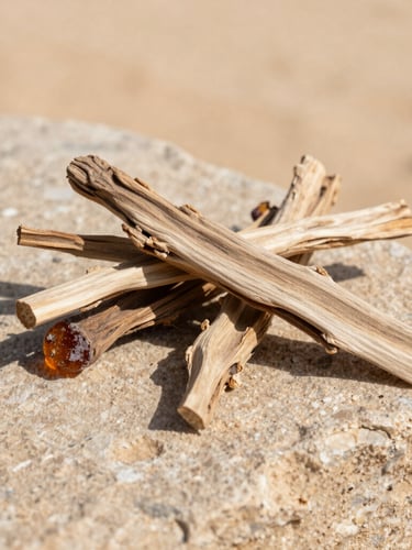 A close-up portrait of raw, jagged pieces of dry oud wood and amber resin resting on a textured sandstone block, harsh direct desert sunlight, high-contrast shadows, warm neutral tones