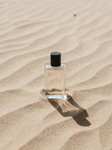 Minimalist glass perfume bottle casting a long shadow on textured sandstone, harsh desert sunlight, warm neutral tones, 35mm