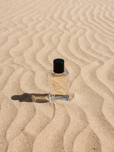A minimalist glass perfume bottle casting a long shadow on textured sandstone under harsh desert sunlight, 35mm warm editorial photography.