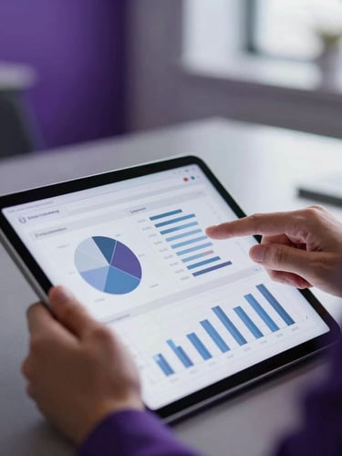 Corporate editorial photography, close-up of a professional analyzing data charts on a tablet in a modern office, cool daylight, deep purple accents, sharp focus, 35mm