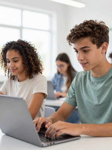 Medium close-up of an engaged international teenager using a laptop in a bright, modern, daylight-filled classroom, 35mm lens.