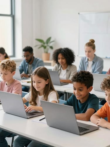 Bright editorial photography of diverse international children and adults collaborating with laptops in a modern, sunlit London classroom, 35mm lens.