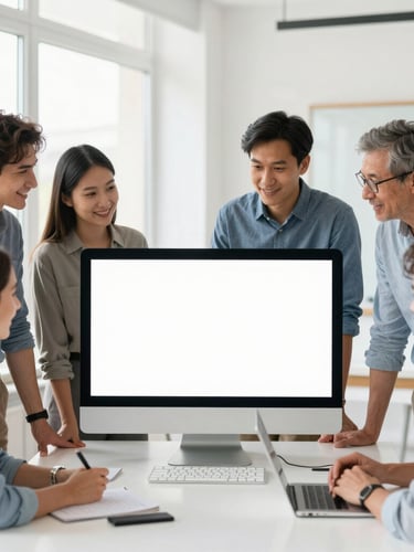 Bright editorial photo of a diverse group of international adult professionals collaborating around a screen in a sunlit modern workspace, optimistic tones.