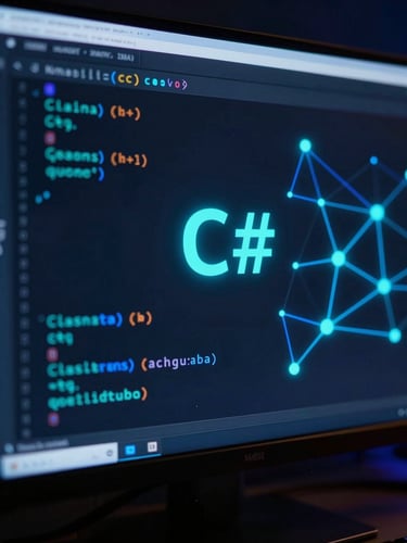 Macro close-up of clean C# code on a high-resolution monitor in a dark developer environment, glowing cyan and deep blue neon accents, cinematic lighting, octane render