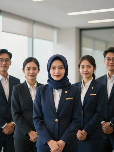 Portrait of professional Indonesian corporate event management team in modern clean office setting, natural soft window light, editorial corporate photography, 35mm