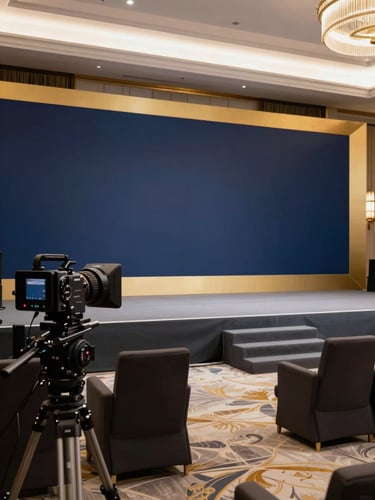 A high-production corporate stage setup with clean lighting, elegant seating arrangement, and professional AV equipment, sharp focus, 35mm