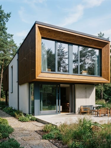 Professional architectural photography of a modern Polish single-family home with clean geometric lines, bright natural daylight, technical solar analysis overlay lines faintly visible, warm amber and cool blue tones, 35mm