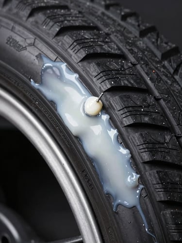 Extreme close-up macro of a tire cross-section under studio strobe lighting, sealant compound visible as a dense white liquid layer coating the inner wall, a nail puncture visible mid-tread with sealant already closing around the tip, black rubber tread in sharp focus against matte dark background