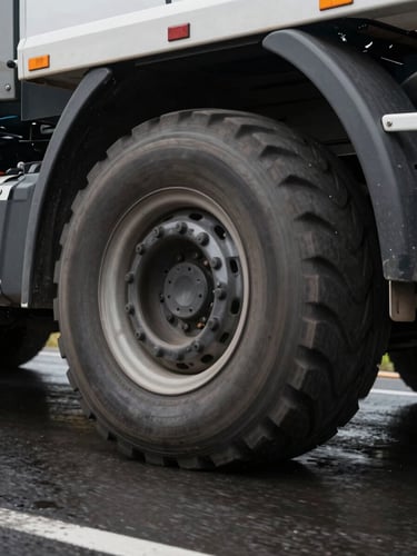 Close tracking shot from low angle alongside a heavy commercial truck tire rolling at highway speed on a dark wet road, studio-lit tire tread in sharp focus, motion blur on background, industrial atmosphere, no people