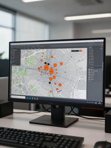 Wide shot of a modern, structured office environment with a large monitor displaying a tactical map, high-contrast daylight, cool muted tones with high-visibility orange accents, sharp focus, 35mm lens