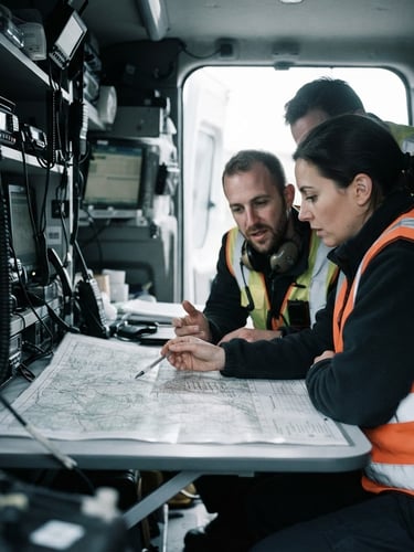 Team of specialists in high-visibility vests analyzing a large map on a mobile command vehicle dashboard at a field incident site, high-contrast daylight, cool muted tones with orange accents, sharp focus, 35mm lens