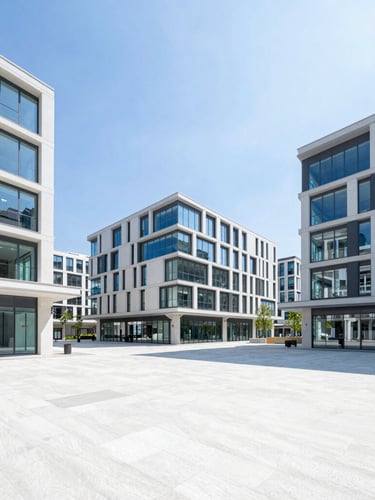 Bright architectural photography of a sun-drenched mixed-use urban plaza, modern concrete and glass structures, crisp morning daylight, clean white and vibrant blue tones, wide-angle lens, high-key