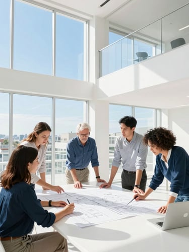 A bright, high-key collaborative planning session in a modern, sunlit architectural office. Team members analyze blueprints on a large white table, surrounded by clean minimalist decor and morning sun.