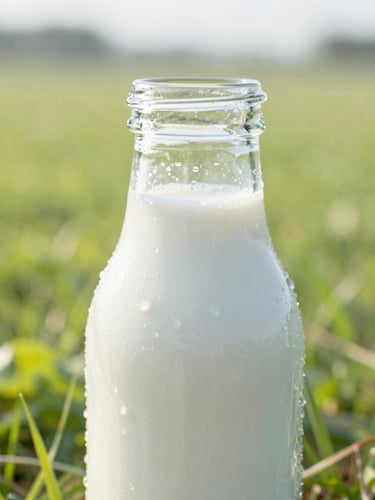 Close-up of a frosty glass bottle of fresh milk with water droplets, soft morning daylight, lush green pasture in the background, shallow depth of field, 35mm