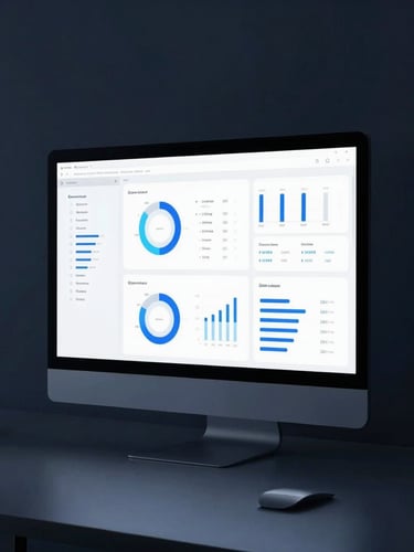 Minimalist modern tech workspace with a single glowing monitor displaying clean analytics dashboards, cool blue ambient light, sharp macro focus