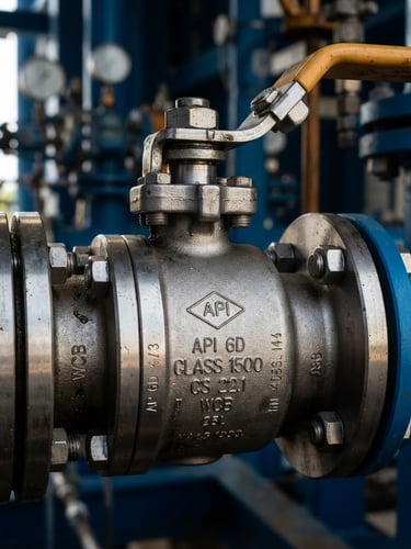 Macro close-up of a high-pressure steel valve with API certification stamp, clean industrial setting, dramatic side lighting, safety amber accents