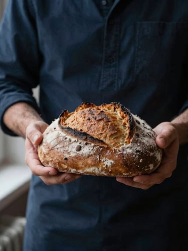 Portrait d'un boulanger, de la farine sur les mains, tenant un pain au levain frais, lumière naturelle douce venant d'une fenêtre, atmosphère chaleureuse de cuisine, style scandinave, matte finish.