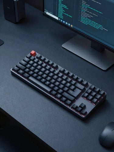 Minimalist top-down workspace setup, sleek developer desk with mechanical keyboard and code editor visible, moody teal highlights, 35mm