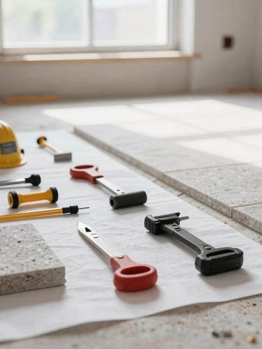 A highly organized and clean indoor construction site, professional tools neatly arranged on a protective floor sheet, bright daylight streaming through a window