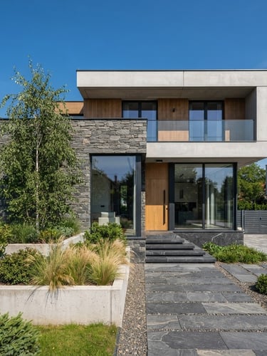 Crisp architectural photograph of a modern home exterior in Nyíregyháza, bright natural daylight, sharp details of stone and concrete textures, clean geometric composition