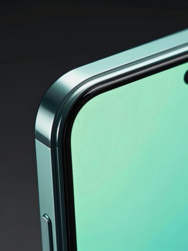 Extreme macro shot of an Android device edge, showing the premium metal bezel and curved glass screen, electric mint neon backlighting reflecting on the surface, high-fidelity details, 35mm