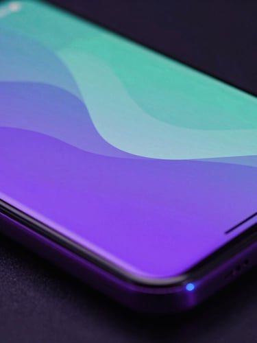 Macro close-up of a high-end Android smartphone screen showing a fluid violet and mint green interface transition, moody low-key studio lighting with vibrant neon reflections, 35mm