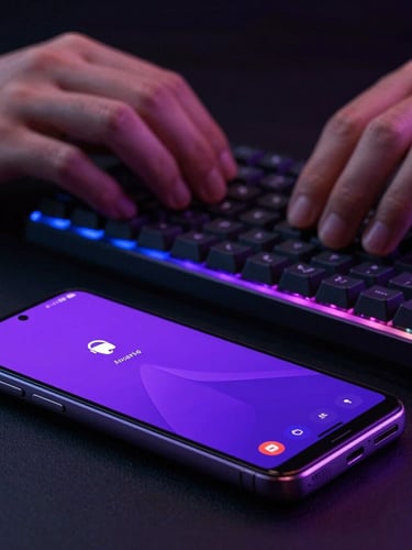 Macro portrait of a mobile developer's hands coding on a mechanical keyboard, a high-end Android test device glowing with a vibrant violet interface in the foreground, moody low-key lighting