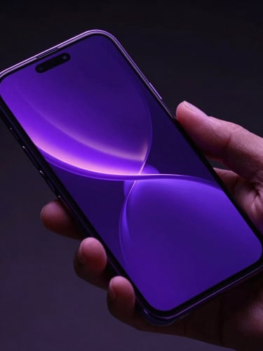 High-resolution close-up of a hand holding a sleek Android phone, vibrant violet neon light reflecting off the glass screen showing a fluid interface transition, dark moody studio background, 35mm
