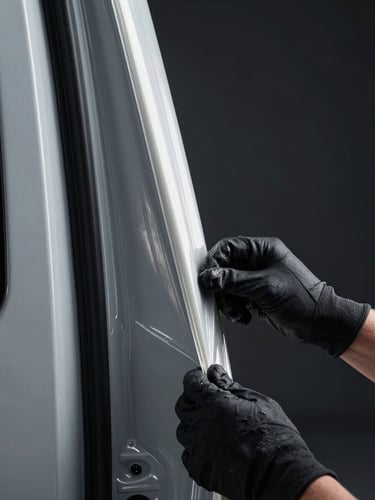 Extreme close-up cinematic shot of a technician's gloved hands smoothing wrap film over a van door panel edge in a controlled studio bay, cold studio strobe lighting raking the surface to reveal the film texture and precise application line, deep charcoal background, no face visible, composition tight on hands and surface