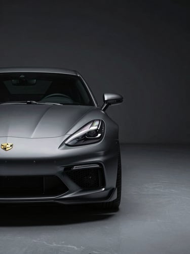 Wide cinematic studio shot, a matte charcoal-wrapped performance coupe fills the left frame edge, shot from a low 45-degree front-quarter angle under controlled strobe lighting, the wrap surface showing subtle texture and precise panel edges, deep shadow behind the vehicle fading to near-black, minimal reflective studio floor below