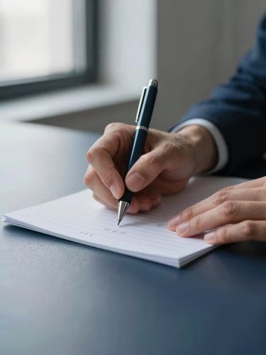 Close-up of hands making notes on textured paper with a pen in a modern, organized office, soft natural window light, deep navy and slate tones, shallow depth of field.