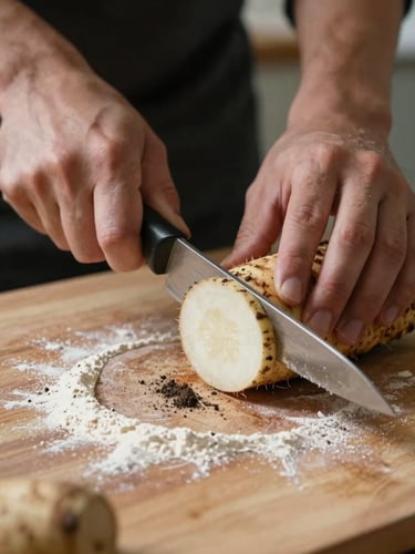 Close-up of a cook's hands pressing a knife through a root vegetable on a wooden prep board, natural daylight from the left, flour dust and dark soil visible on the board surface, tight frame with shallow depth of field