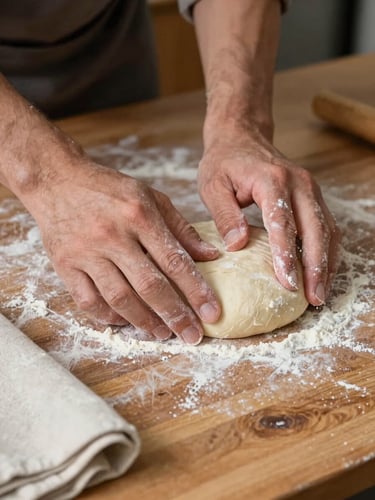 Close-up of a cook's hands pressing dough flat on a worn wooden counter, north-facing daylight falling across the surface, flour dusted on fingertips and scattered on the wood, a single linen cloth folded at the edge of frame — intimate, unhurried, no face visible