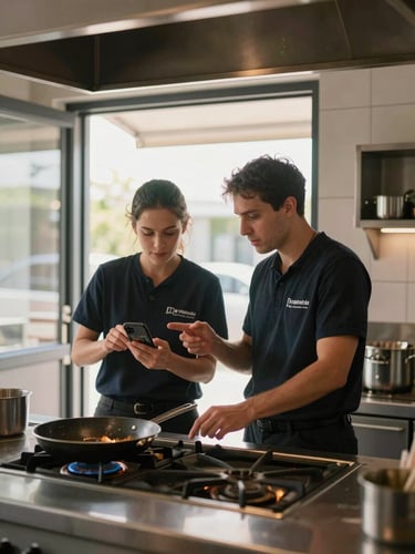 Close environmental wide shot: two agency team members standing behind an open restaurant kitchen pass, one holding a smartphone reviewing footage, the other gesturing toward a pan on the stove, kitchen door open behind them, late-afternoon window light, no posed smiles, natural candid moment