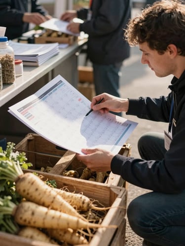Wide editorial frame: agency team member kneeling beside a market stall counter at dawn, reviewing a printed content calendar spread on wooden crates, north-facing daylight raking across the paper, a crate of unwashed root vegetables in the foreground, shallow depth of field