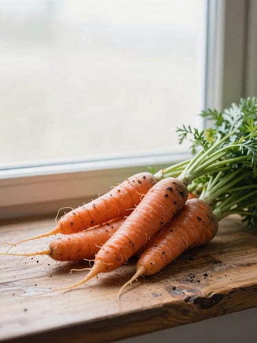Close-up portrait frame, right-edge bleed: a single bunch of just-harvested carrots resting on a worn wooden counter in north-facing window light, soil still visible on the roots, deep orange against the pale wood grain, no props, generous negative space above