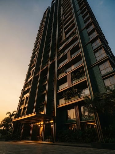 Low-angle architectural photography of a modern luxury residential tower facade in Panvel, golden-hour sunlight casting deep shadows, rich dark green tones, 35mm