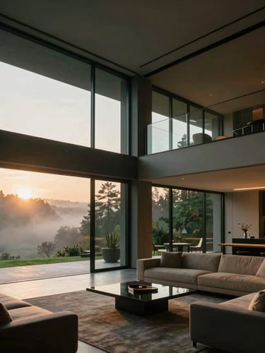 Sleek modern luxury villa interior, expansive glass walls looking out to a misty forest at sunrise, warm minimal furniture, architectural lighting, 35mm