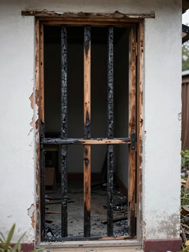 Close-up of a fire-damaged residential doorway, charred wood framing and peeling paint visible under natural overcast daylight, ash residue on the threshold, the interior dark and indistinct beyond